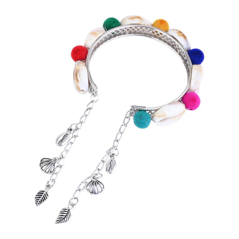 Etnico Silver Oxidised Colorful Pom-Pom & Cowrie Shell Adjustable Cuff Kada Bracelet For Women (ADB525OX)