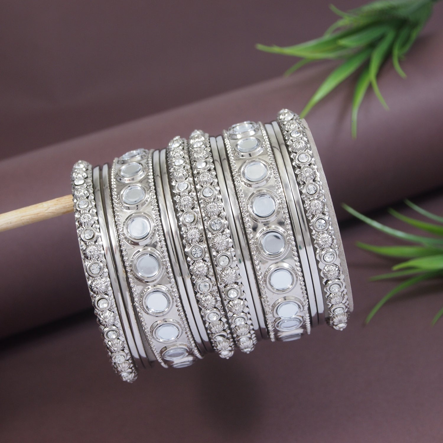 Etnico Ethnic Stylish Latest Fashion Silver Plated Mirror Work Bangles Set For Women (ADB530)
