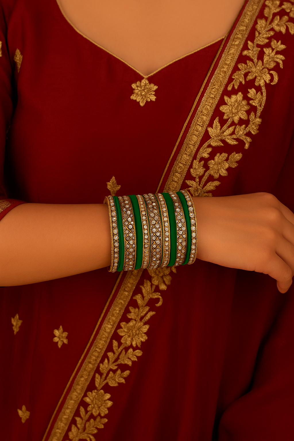 Etnico Gold Plated Traditional Royal Emerald Velvet Chuda Bangle Set Kada for Bridal/Women 