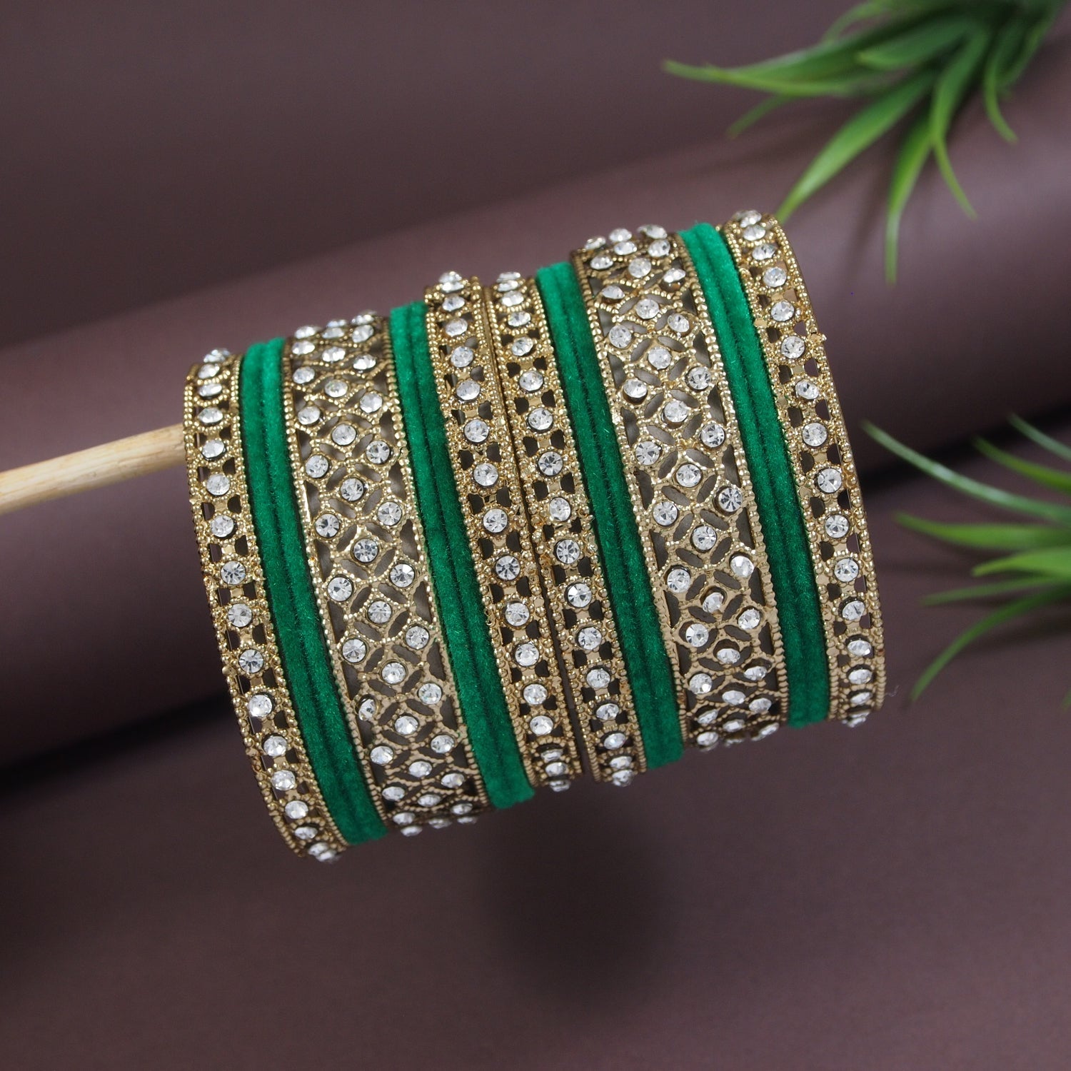 Etnico Gold Plated Traditional Royal Emerald Velvet Chuda Bangle Set Kada for Bridal/Women