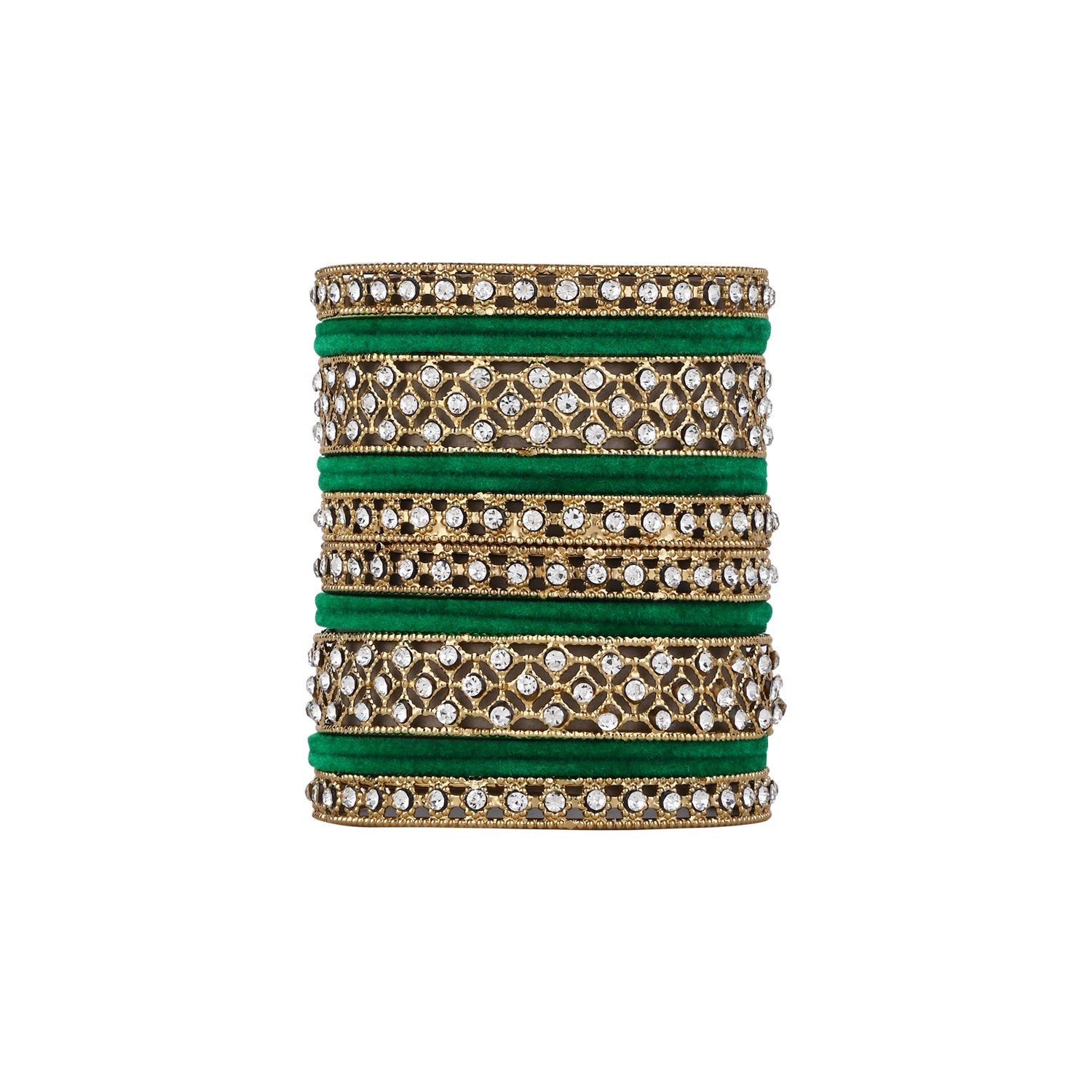 Etnico Gold Plated Traditional Royal Emerald Velvet Chuda Bangle Set Kada for Bridal/Women