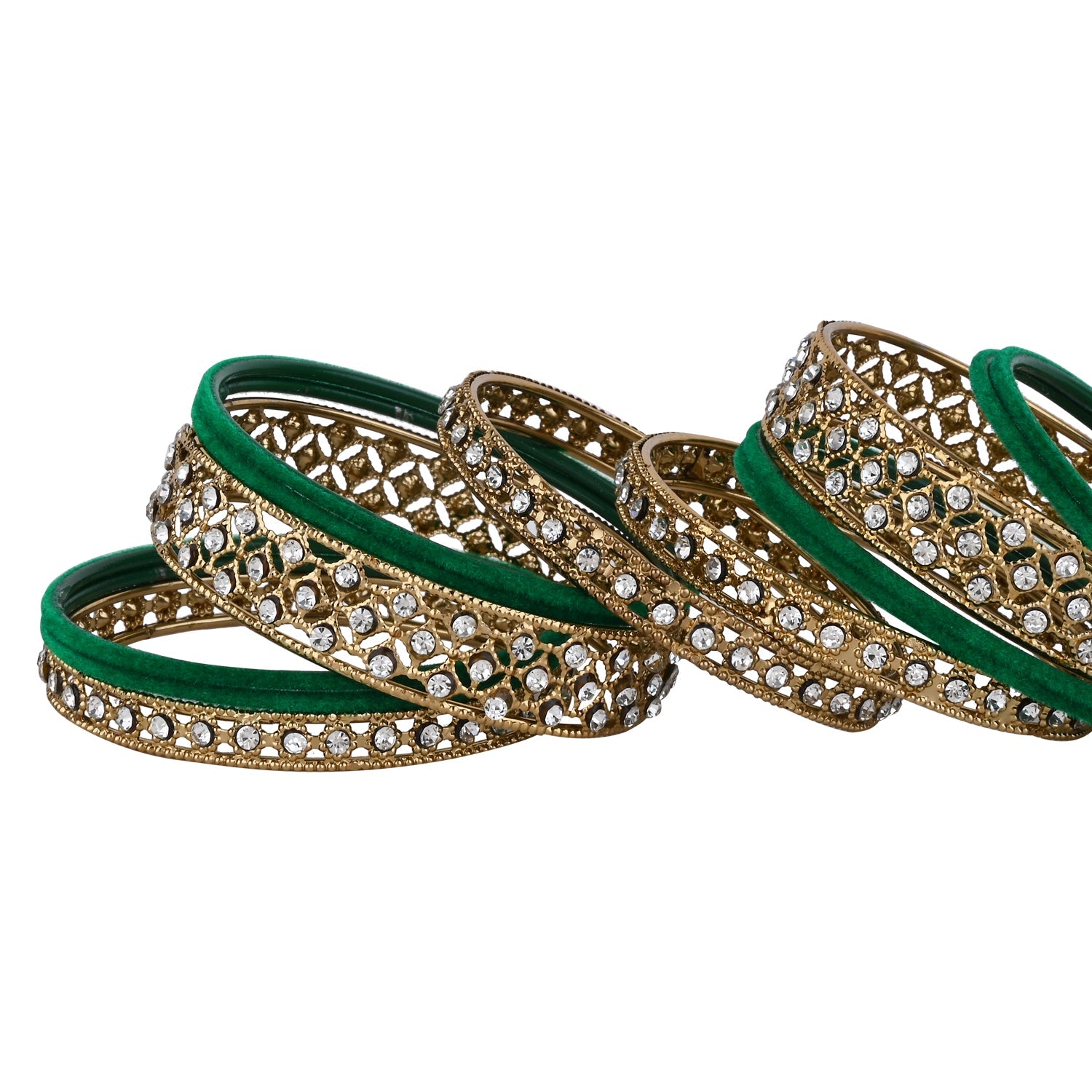 Etnico Gold Plated Traditional Royal Emerald Velvet Chuda Bangle Set Kada for Bridal/Women