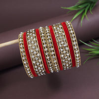 Etnico Gold Plated Traditional Royal Emerald Velvet Chuda Bangle Set Kada for Bridal/Women (Red, 2.4)