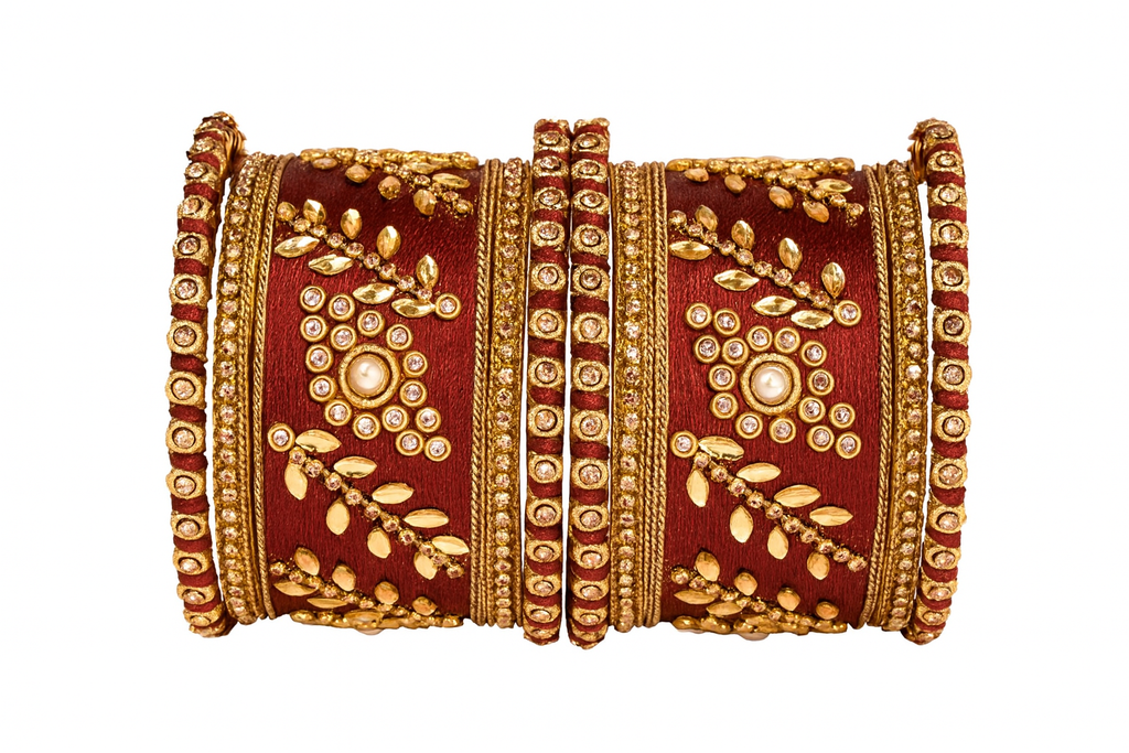 Etnico Gold Plated Traditional Silk Thread Elegant Bangles Chuda Bangle Set for Bridal/Women