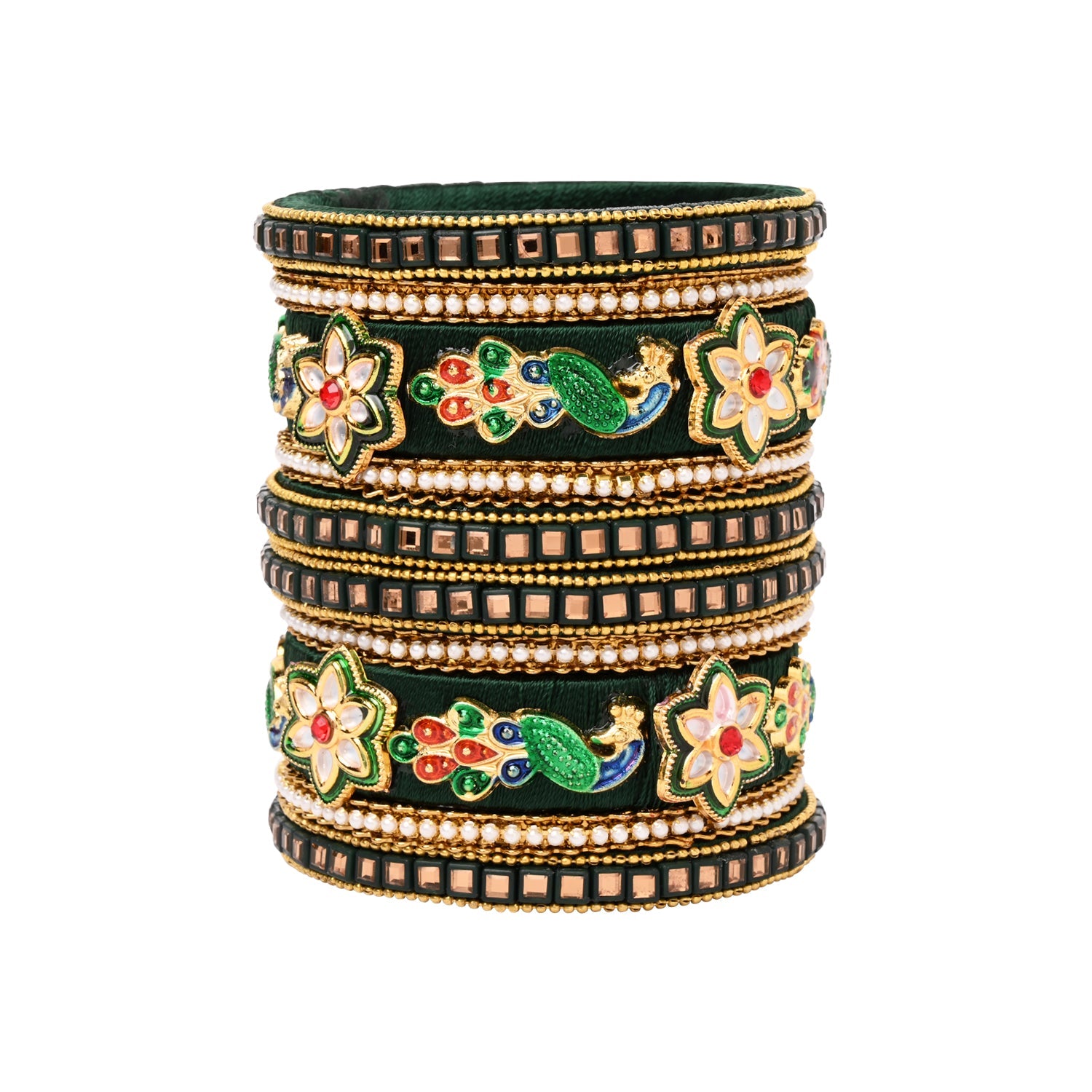 Etnico Gold Plated Traditional Silk Thread Handcrafted Meenakari Peacock Motif Bangles Chuda Bangle Set for Bridal/Women