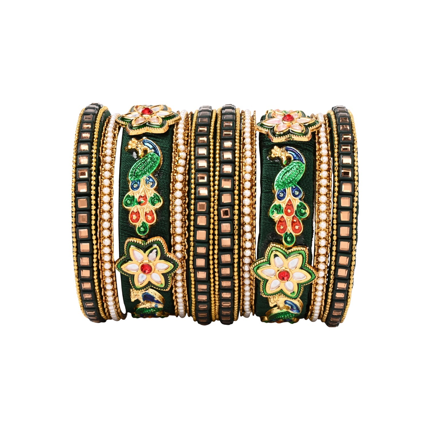 Etnico Gold Plated Traditional Silk Thread Handcrafted Meenakari Peacock Motif Bangles Chuda Bangle Set for Bridal/Women
