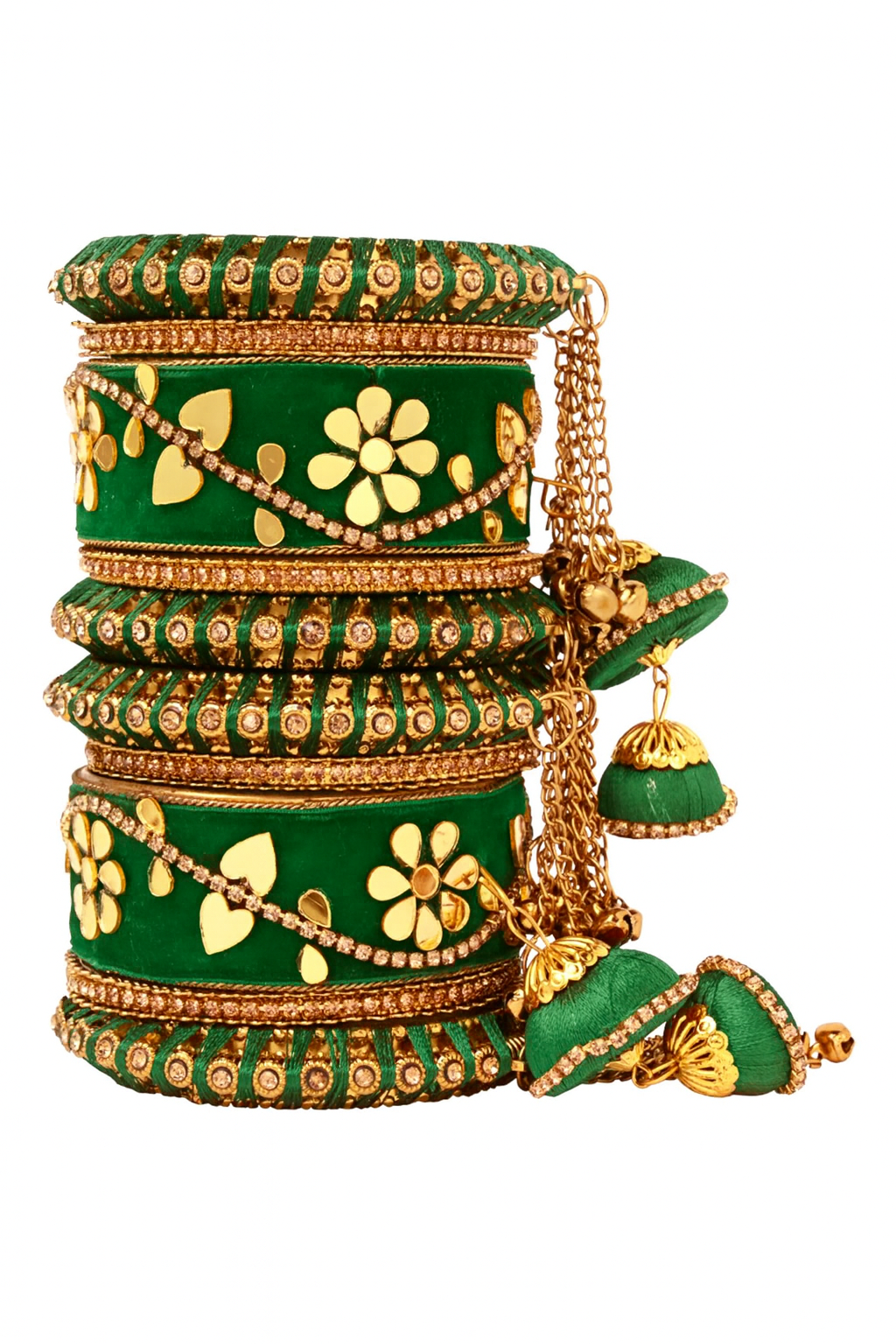 Etnico Gold Plated Traditional Velvet Matching Embellishments Work & Latkan Detailing Bangles Chuda Bangle Set for Bridal/Women