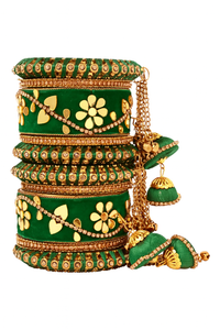 Etnico Gold Plated Traditional Velvet Matching Embellishments Work & Latkan Detailing Bangles Chuda Bangle Set for Bridal/Women 