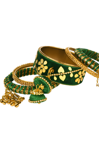 Etnico Gold Plated Traditional Velvet Matching Embellishments Work & Latkan Detailing Bangles Chuda Bangle Set for Bridal/Women