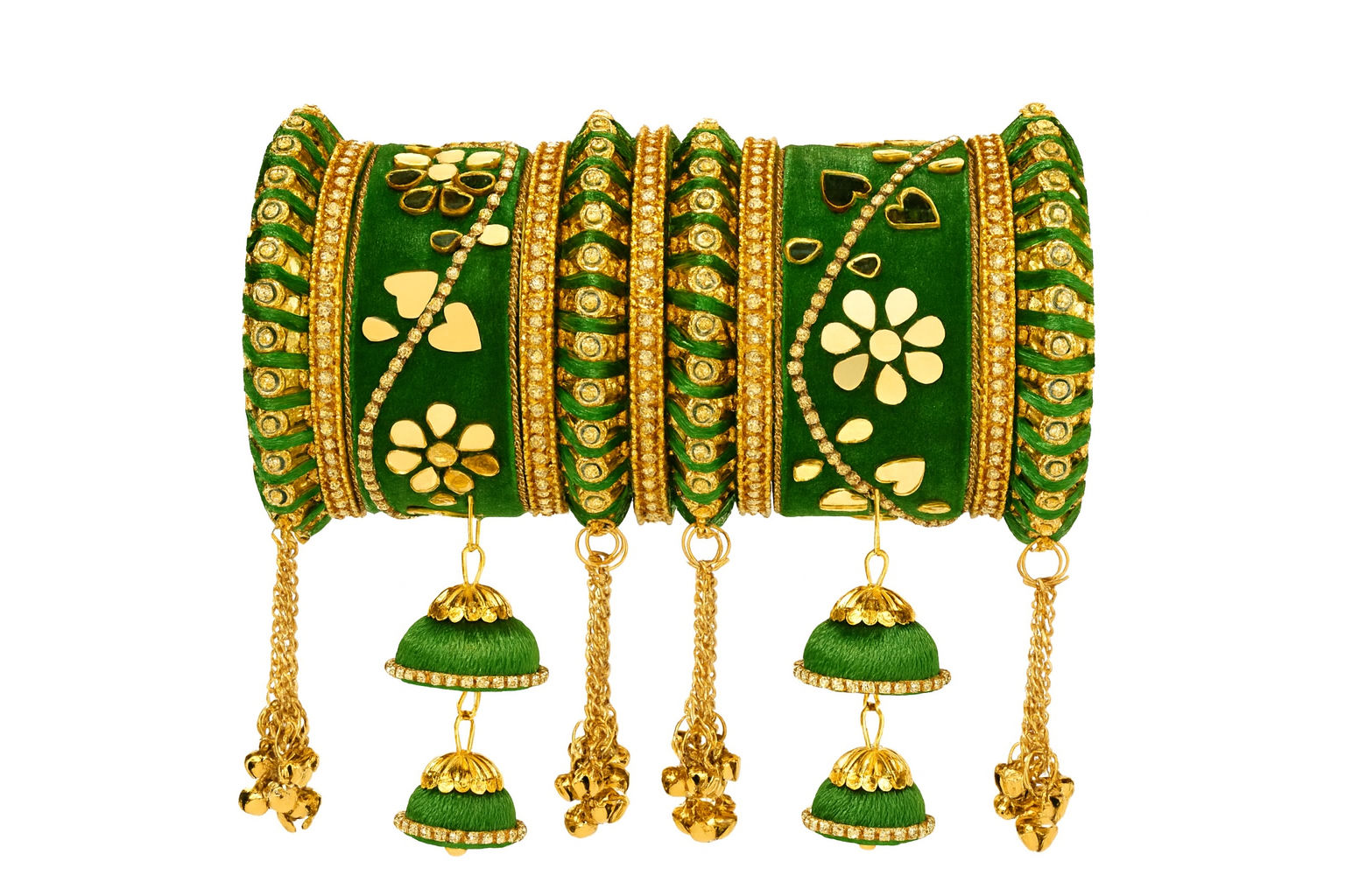Etnico Gold Plated Traditional Velvet Matching Embellishments Work & Latkan Detailing Bangles Chuda Bangle Set for Bridal/Women
