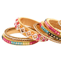 Etnico Gold Plated Traditional Silk Thread Handcrafted Vibrant Multicolor Embellished Bangles Chuda Bangle Set for Bridal/Women