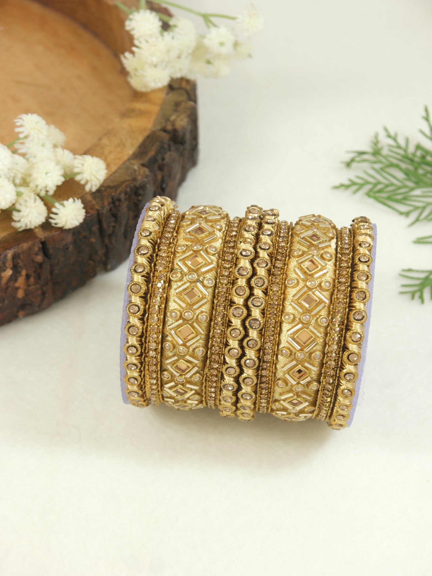 Etnico Gold Plated Traditional Silk Thread Embellishments Bangles Chuda Bangle Set for Bridal/Women
