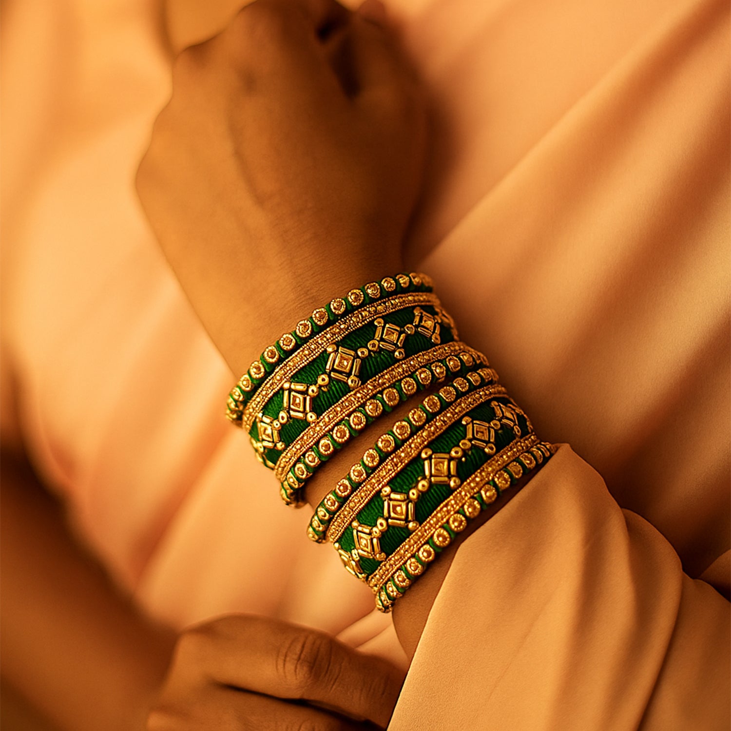 Etnico Gold Plated Traditional Silk Thread Embellishments Bangles Chuda Bangle Set for Bridal/Women (Green, )