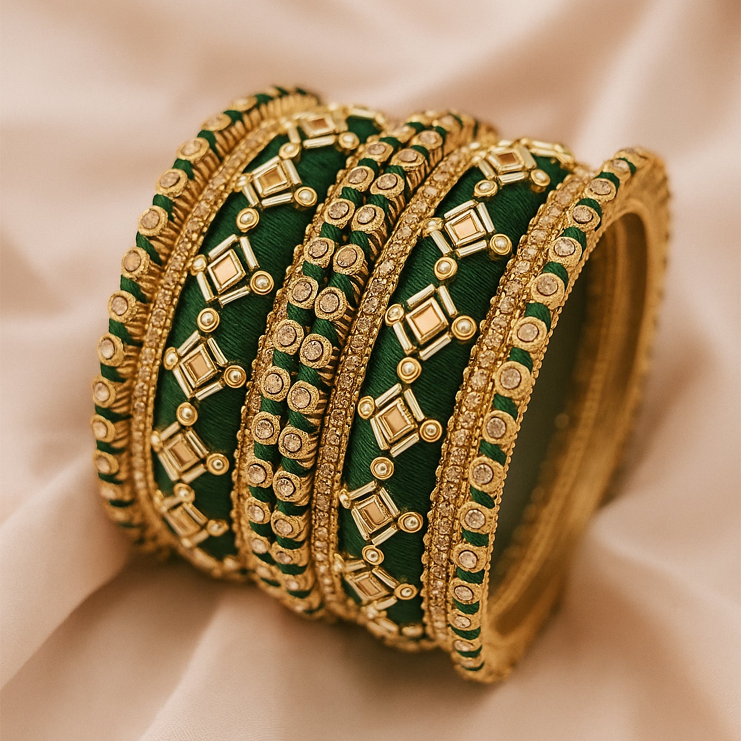 Etnico Gold Plated Traditional Silk Thread Embellishments Bangles Chuda Bangle Set for Bridal/Women (Green, )