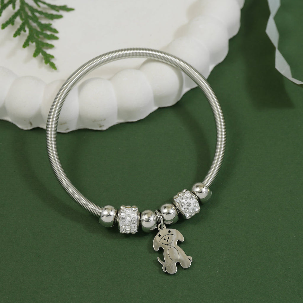 Etnico Fashion Latest Stylish Silver Plated Adjustable Dog Charm Bracelet with Stone Beads for Women