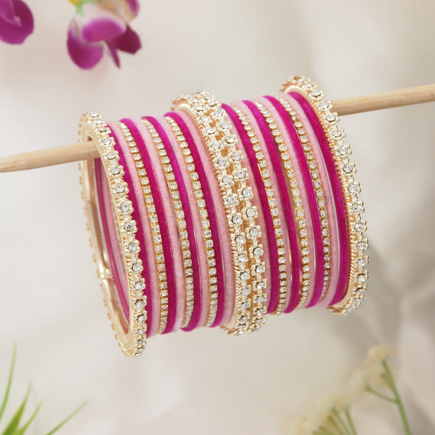 Etnico Gold Plated Traditional Handcrafted Velvet & Stone Studded Bridal Chuda Bangle Set for Women (ADB570PiQ)