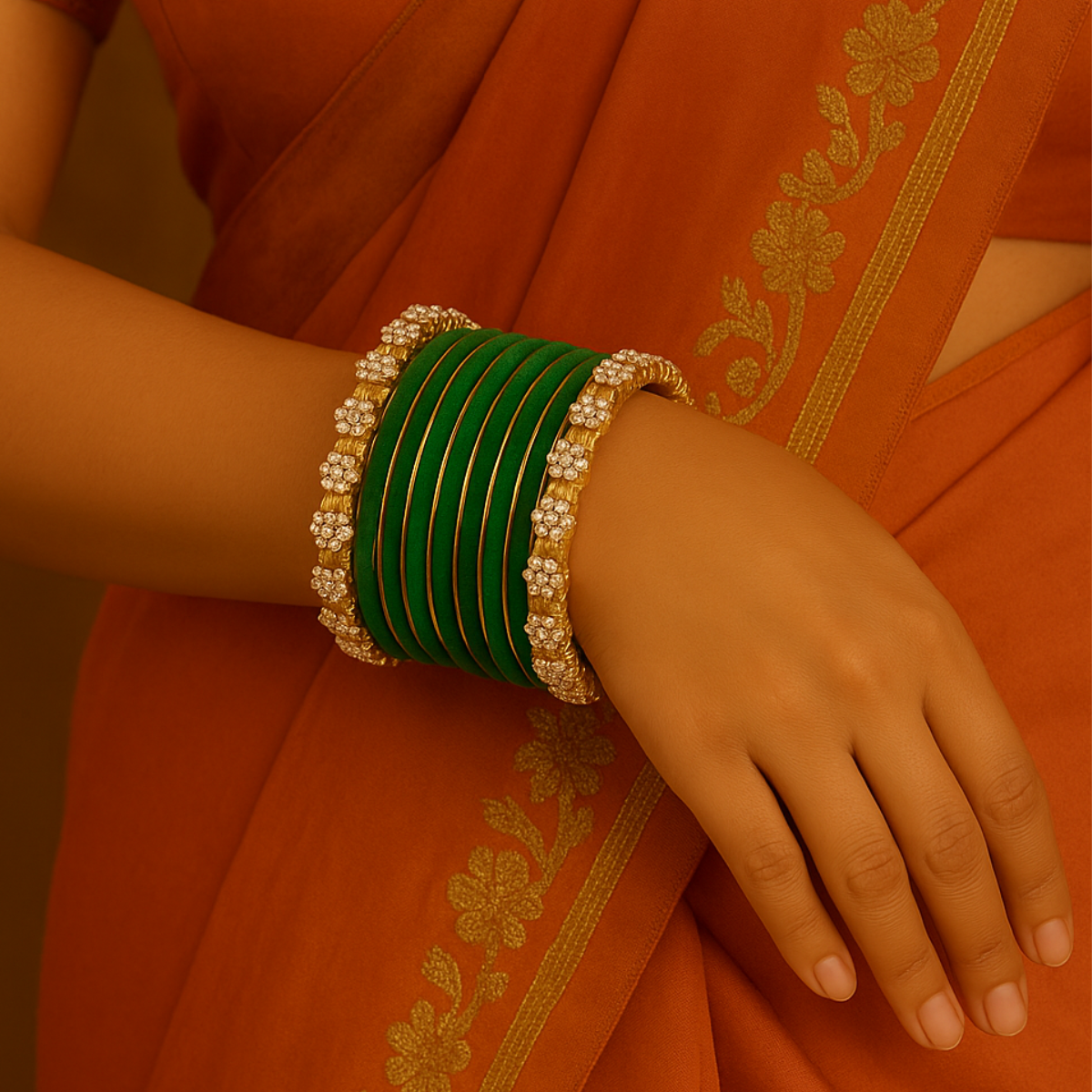 Etnico Gold Plated Traditional Velvet & Stone Embedded Bridal Bangle Set for Women (ADB571G)