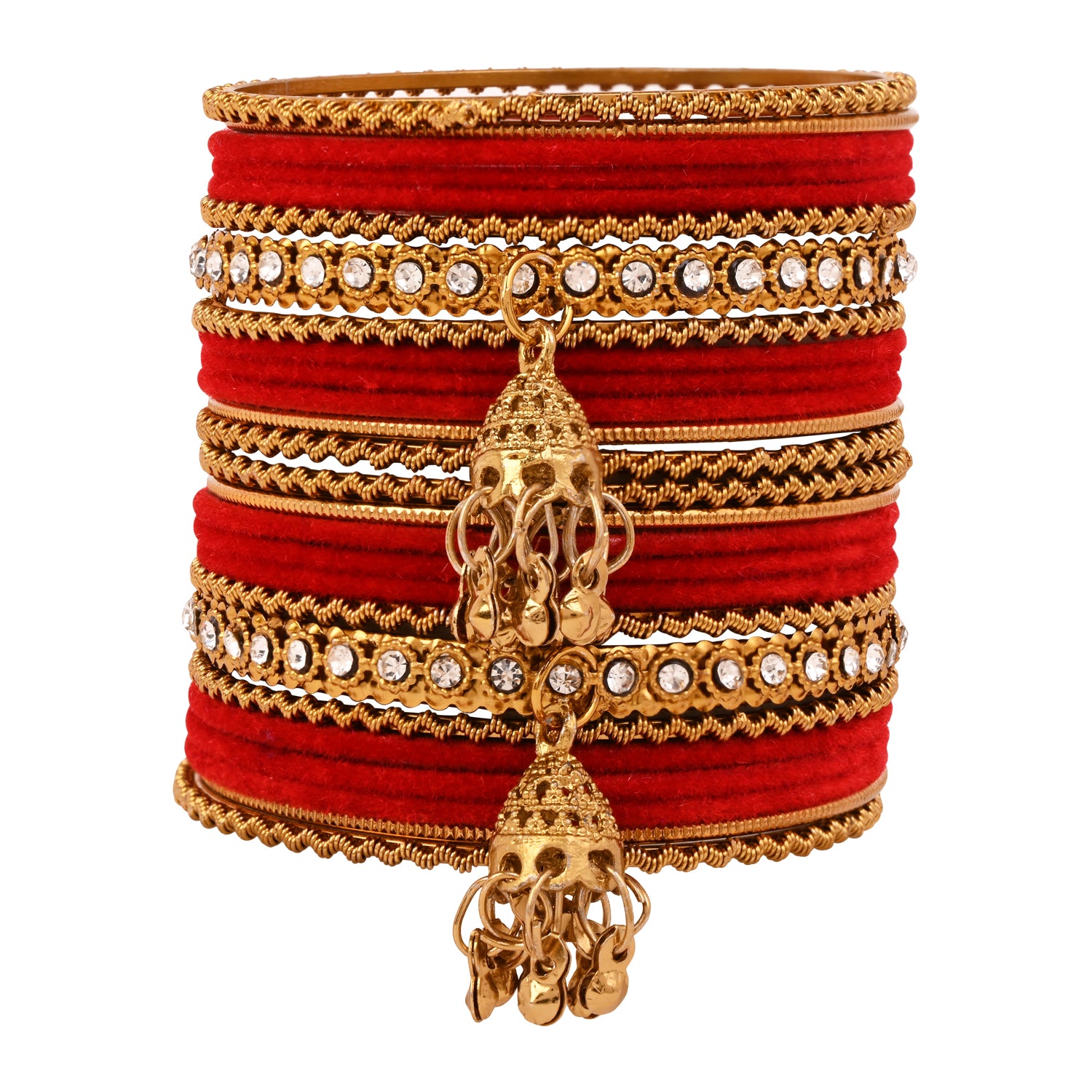 Etnico Gold Plated Traditional Handcrafted Bangles with Latkan Detailing Chuda Bangle Set for Women (ADB572Re)