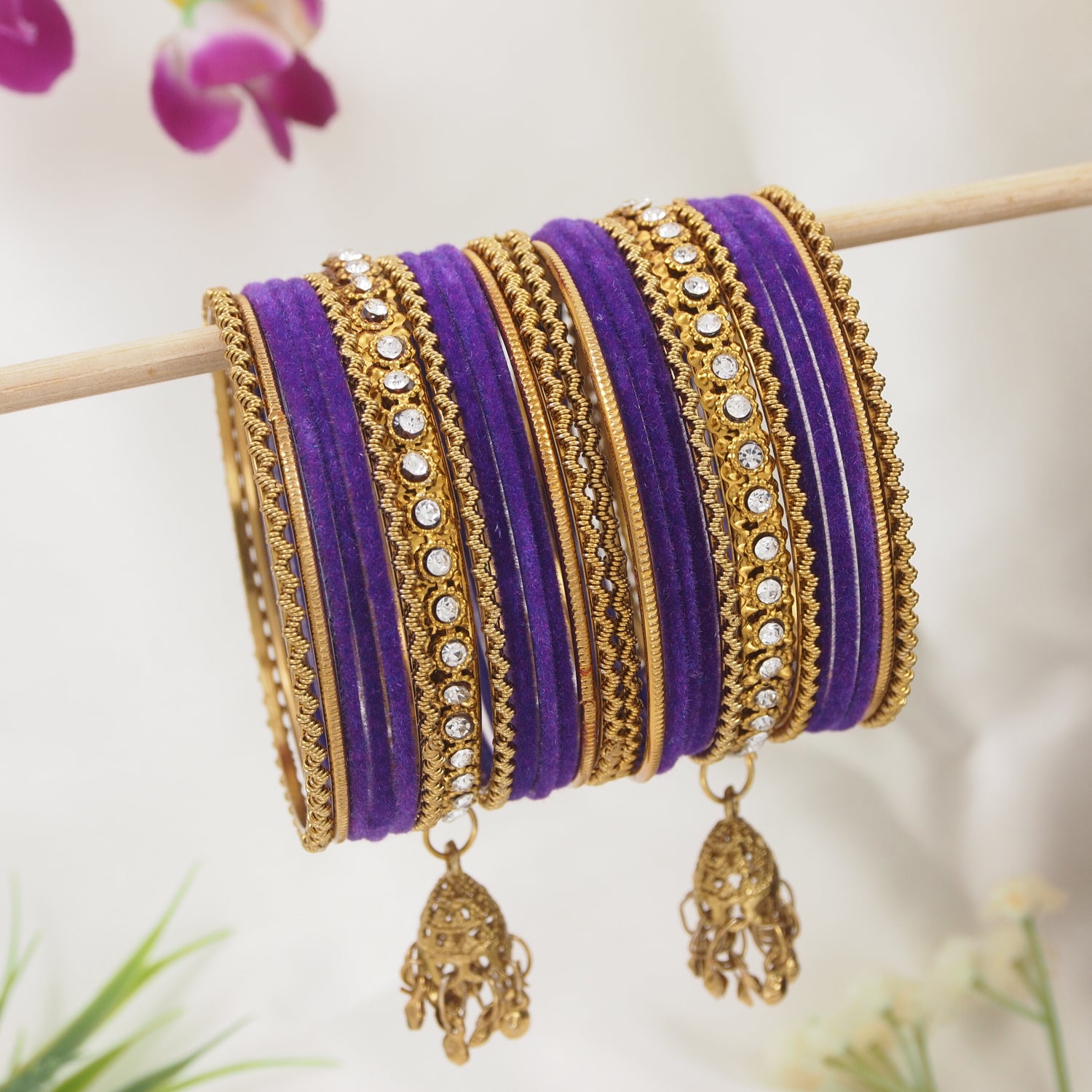 Etnico Gold Plated Traditional Handcrafted Stone Work & Latkan Detailing Bangles Chuda Bangle Set for Bridal/Women
