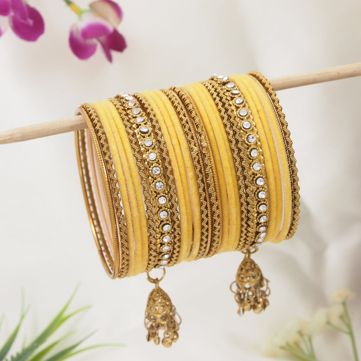 Etnico Gold Plated Traditional Handcrafted Latkan Detailing Velvet Chuda Bangle Set for Bridal/Women