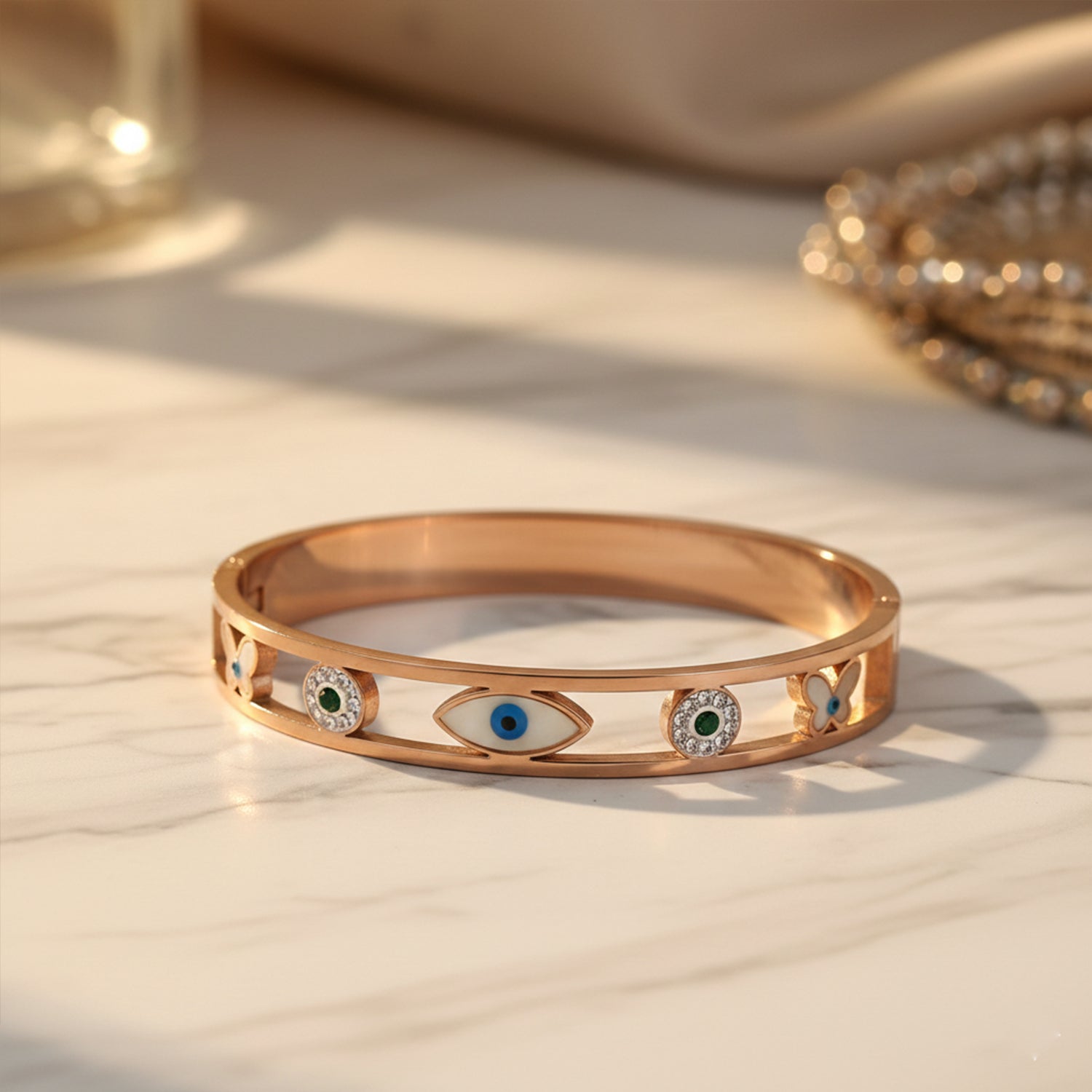 Etnico Rose Gold Plated Fashion Stylish Evil Eye Kada Bracelet for Women