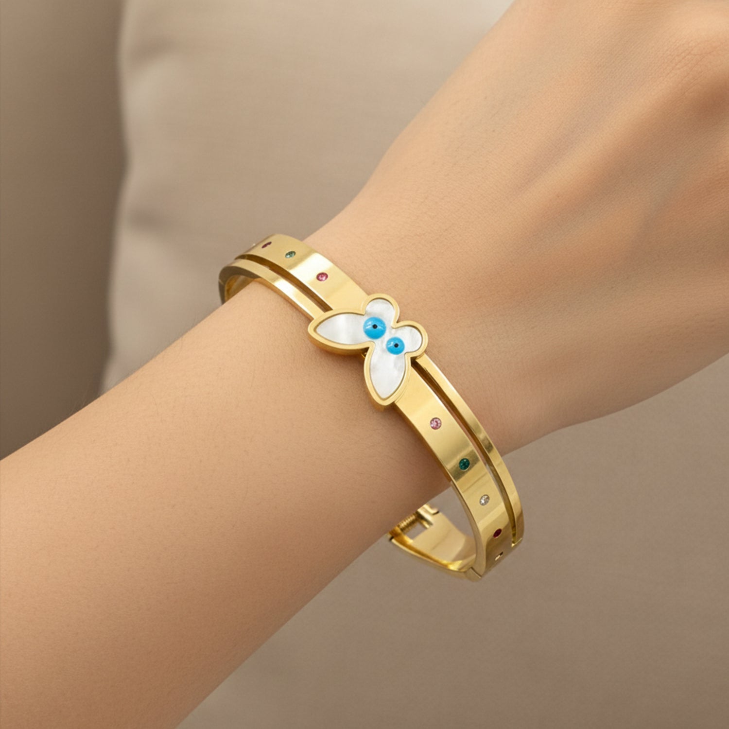 Etnico Gold Plated Fashion Stylish Butterfly Evil Eye Bracelet for Women