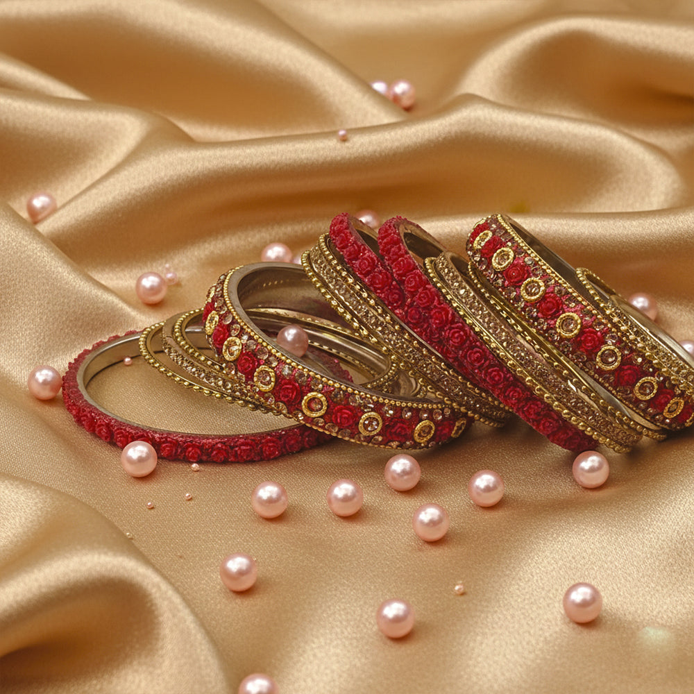 Etnico Gold Plated Traditional Floral Embellished Work Bangles Chuda Bangle Set for Bridal/Women (Red, )