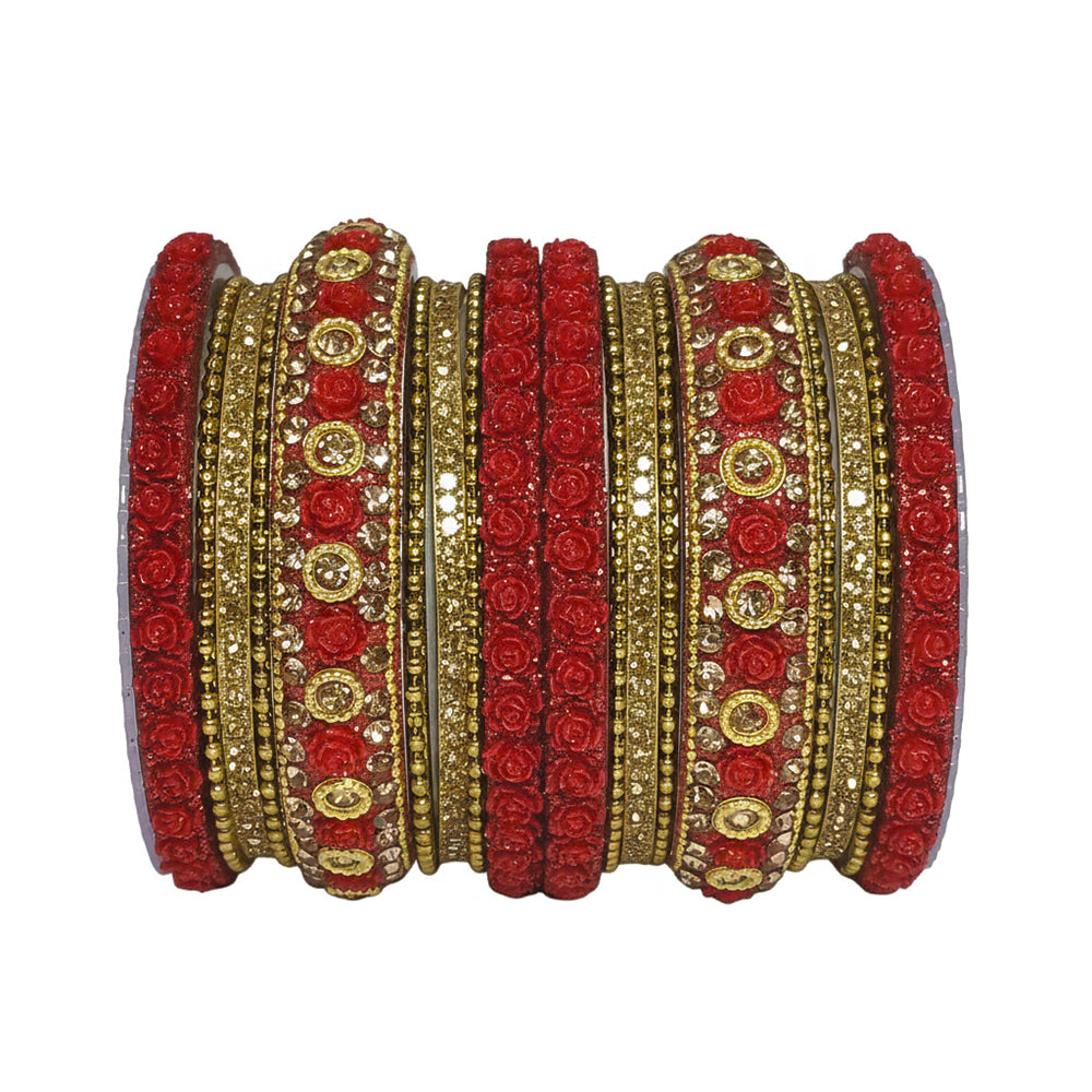 Etnico Gold Plated Traditional Floral Embellished Work Bangles Chuda Bangle Set for Bridal/Women (Red, )