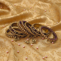 Etnico Gold Plated Traditional Velvet Embellished Work & Ghungroo Latkan Detailing Bangles Chuda Bangle Set for Bridal/Women (Wine, )