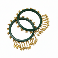 Etnico Traditional Green Bangles with Brass Stud Detailing and Hanging Ghungroo Charms for Women (ADB595G)