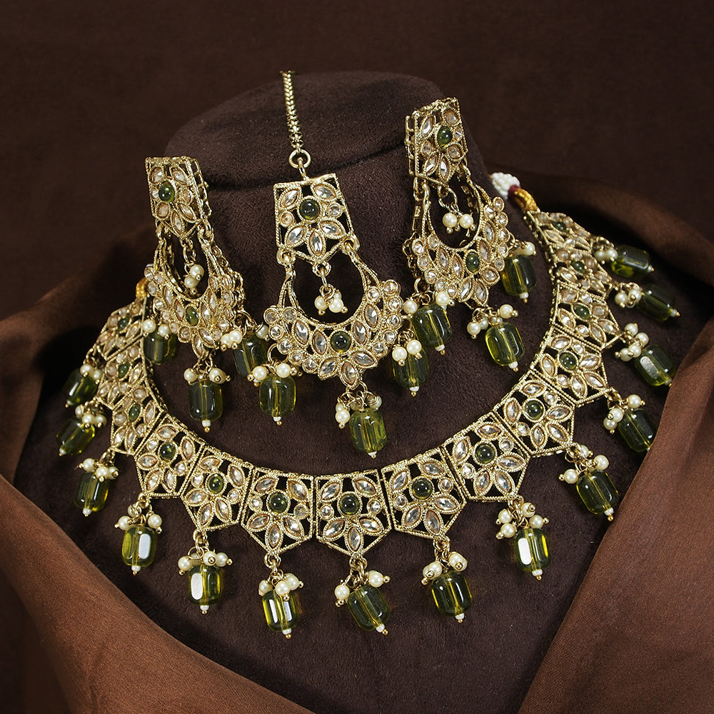 LALSO Antique Gold plated Necklace Jewelry Set With Maangtika