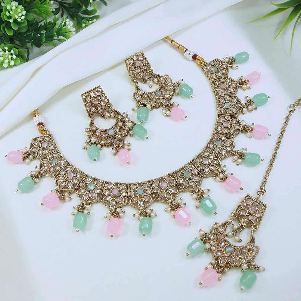 LALSO Antique Gold plated Necklace Jewelry Set With Maangtika