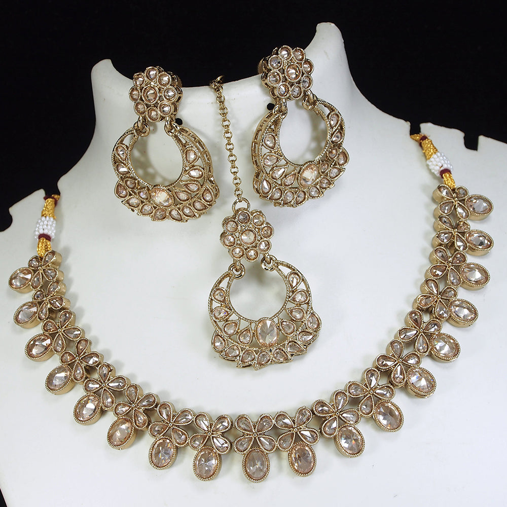 LALSO Champaigne Gold Antique Gold plated AD/Zircon Work Necklace Jewelry Set With Maangtika