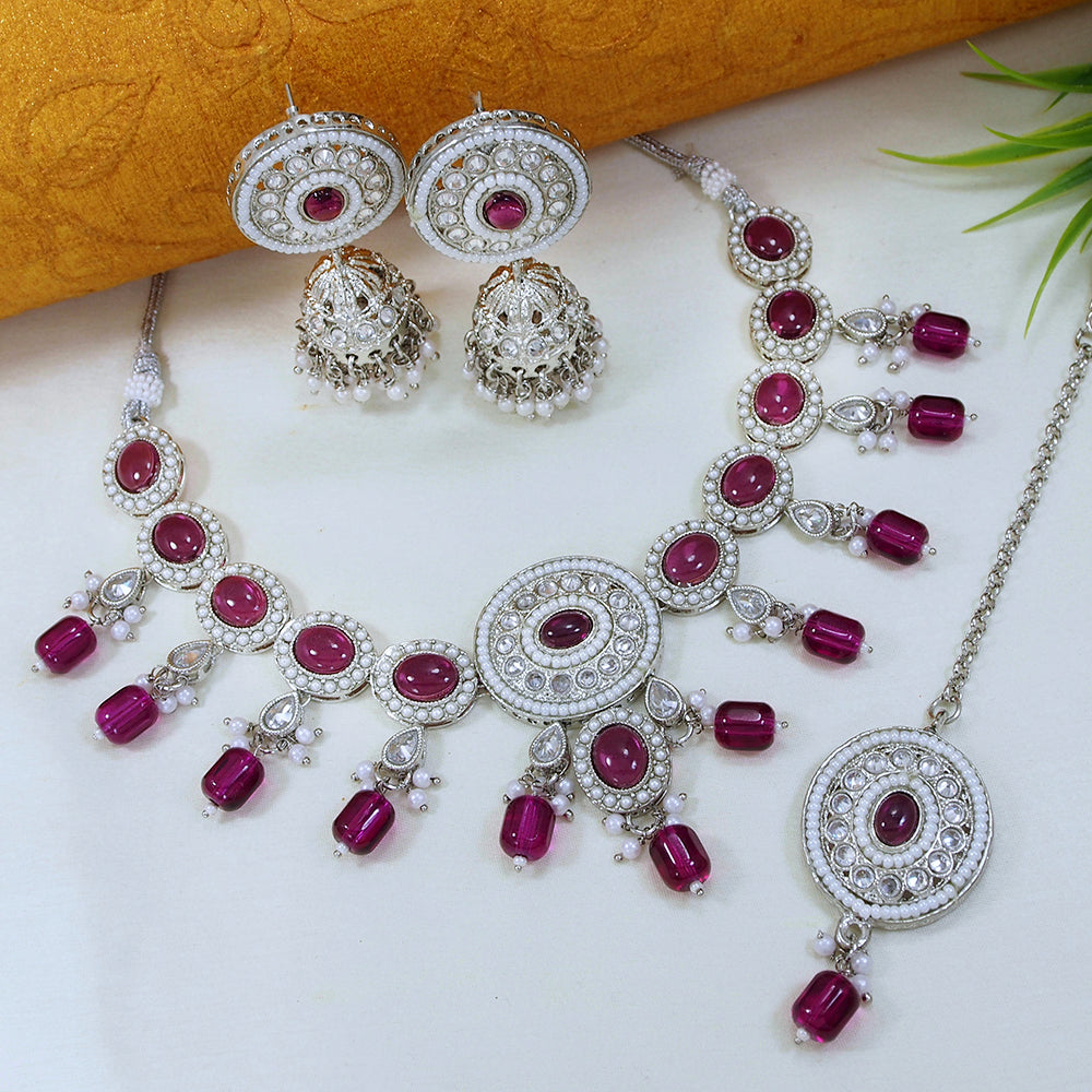 LALSO Marvelous Silver plated Zircon Work Necklace Jewelry Set With Maangtika