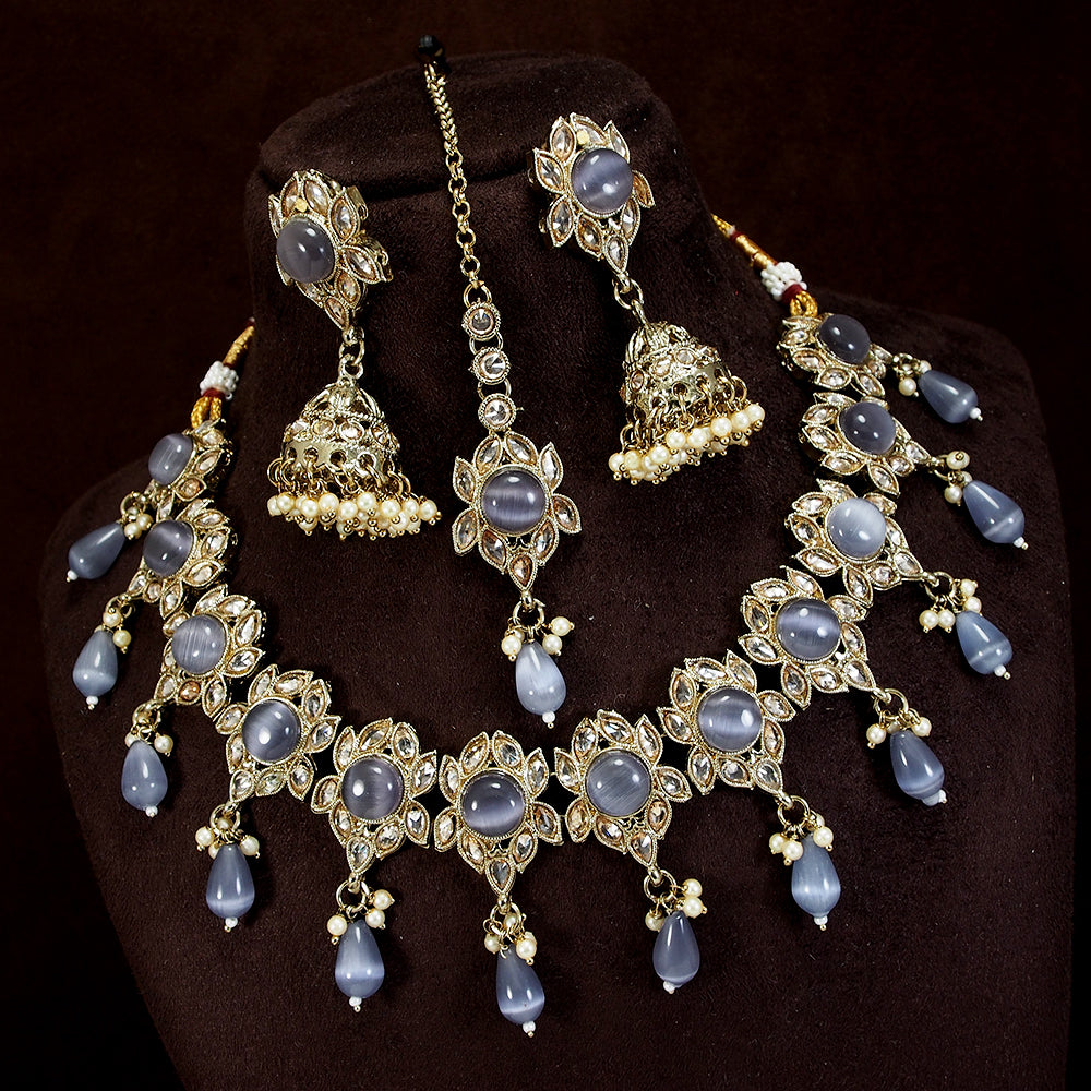 LALSO Designer Gold plated Zircon Work Necklace Jewelry Set With Maangtika