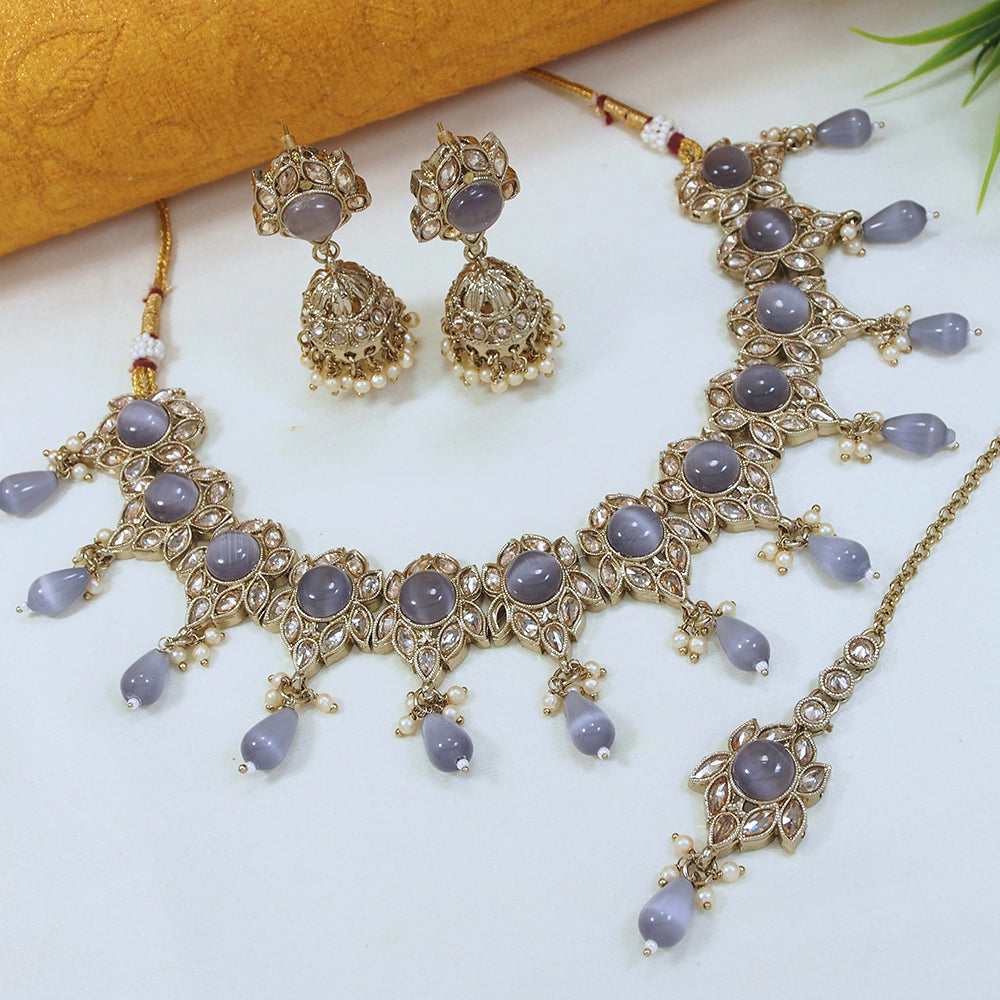 LALSO Designer Gold plated Zircon Work Necklace Jewelry Set With Maangtika