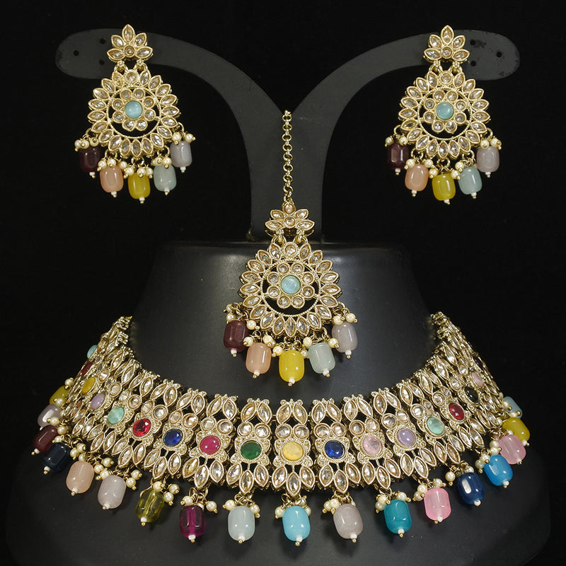 LALSO Designer  Gold plated Zircon Work Necklace Jewelry Set With Maangtika