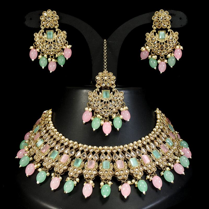 LALSO Designer  Gold plated Zircon Work Necklace Jewelry Set With Maangtika