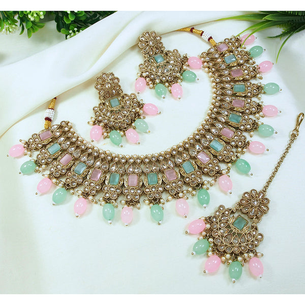 LALSO Designer  Gold plated Zircon Work Necklace Jewelry Set With Maangtika