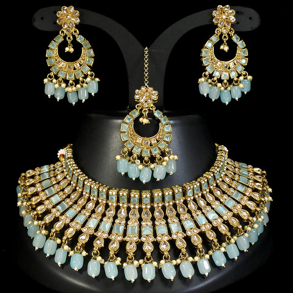 LALSO Gold Plated  Zircon Work Bridal Jewelry Choker Necklace Jewelry Set With Maangtika