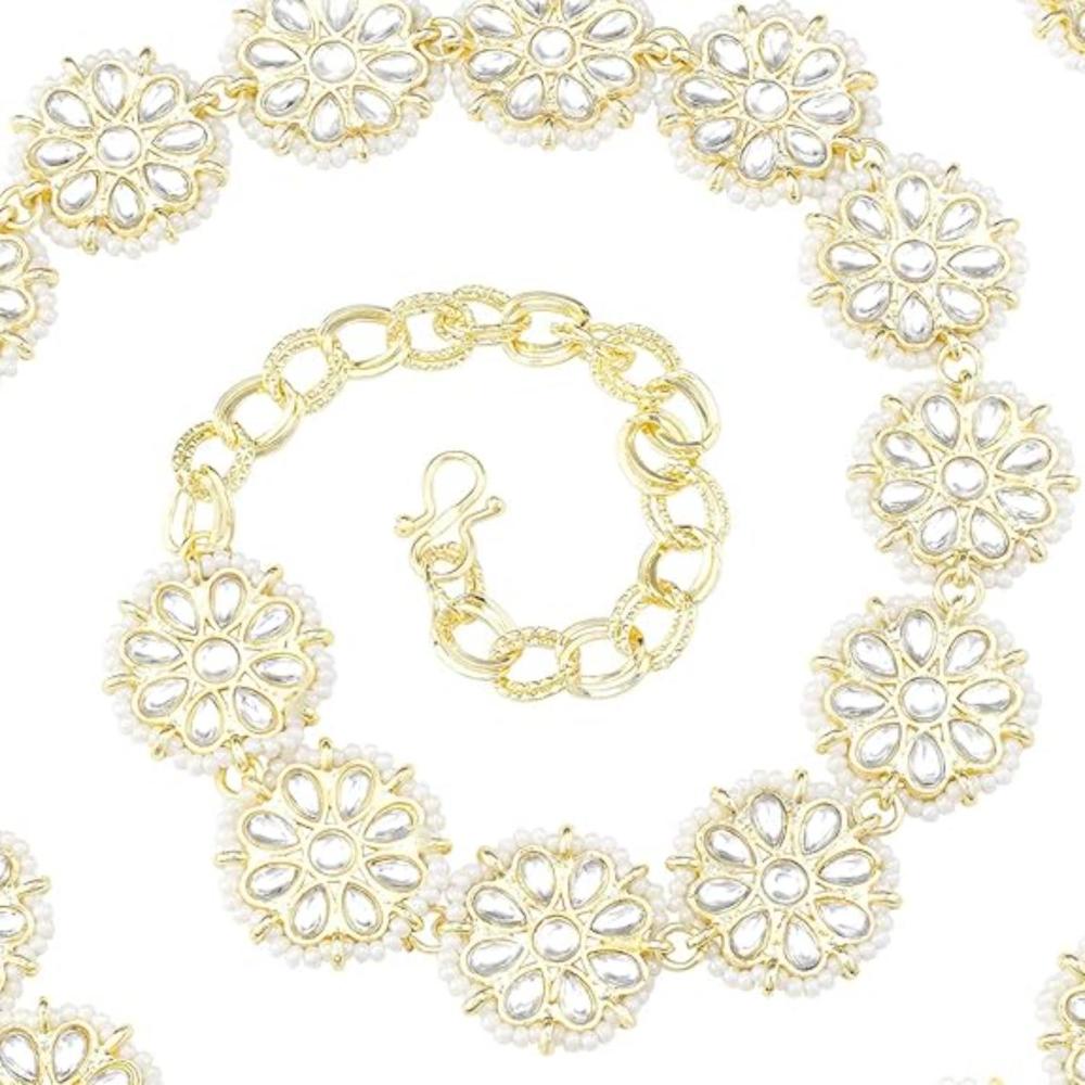 Etnico Gold Plated Traditional Floral Design Kundan & Pearl Adjustable Kamarband/Belly Chain/Wait Belt For Women (B042W)