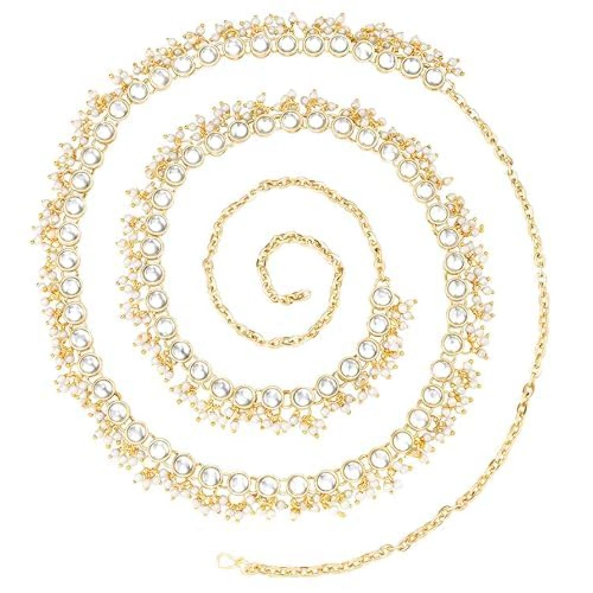 Etnico Gold Plated Traditional Kundan Pearl Adjustable Waist Chain/Belly Chain/Kamarband For Women (B053FL)