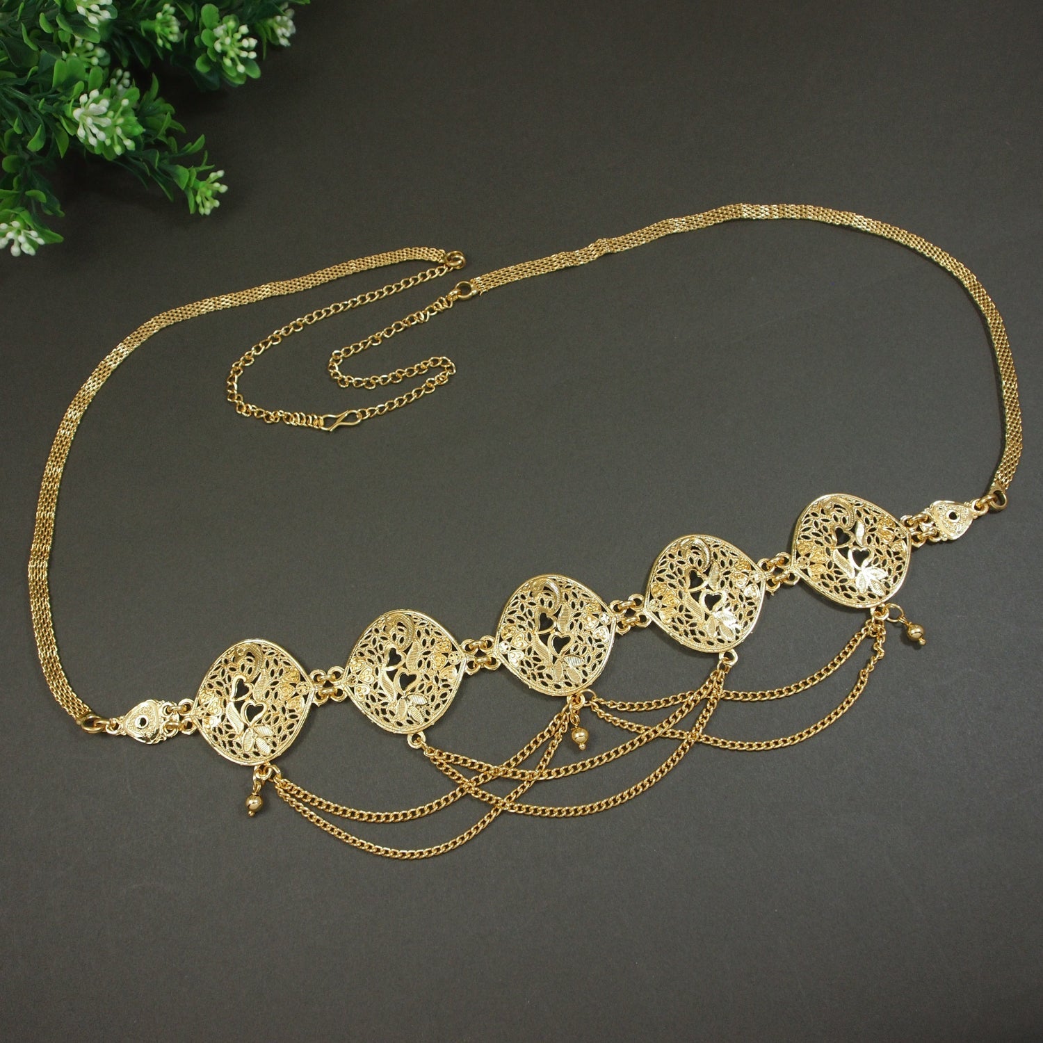 Etnico Gold Plated Traditional Multi Layered Adjustable Boho Waist Chain/Belly Chain/Kamarband For Women