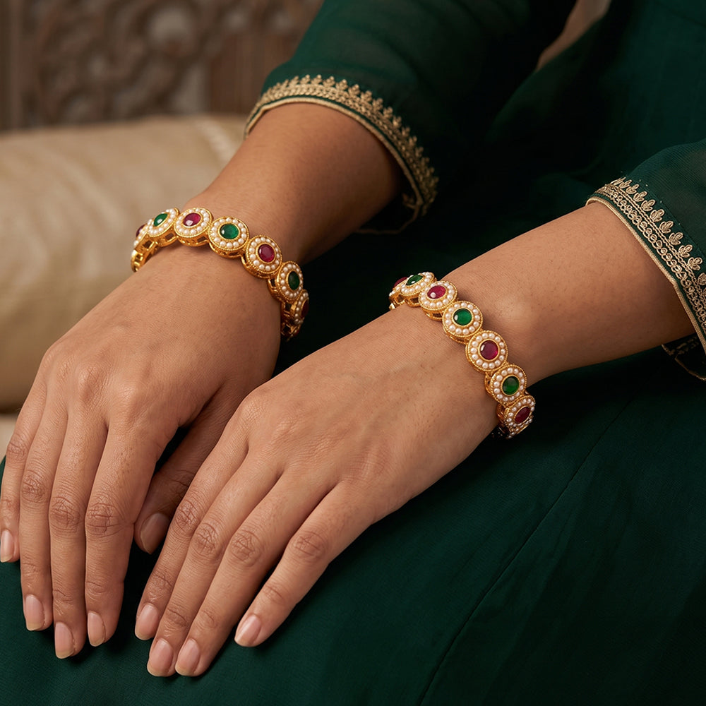 Js Fashion  Antique Full Stone High Gold Polish Fancy Style 2 Bangles Set