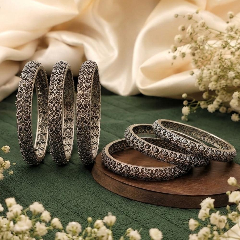 Js Fashion  Designer Oxidized Silver Leaf Motif Set of 6 Bangles for Women