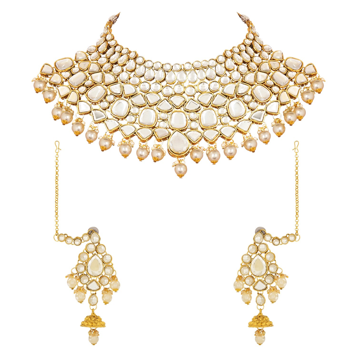 Etnico Wedding Collection Traditional Ethnic Gold Plated Pearl & Kundan Stone Work Bridal Jewellery Set For Women
