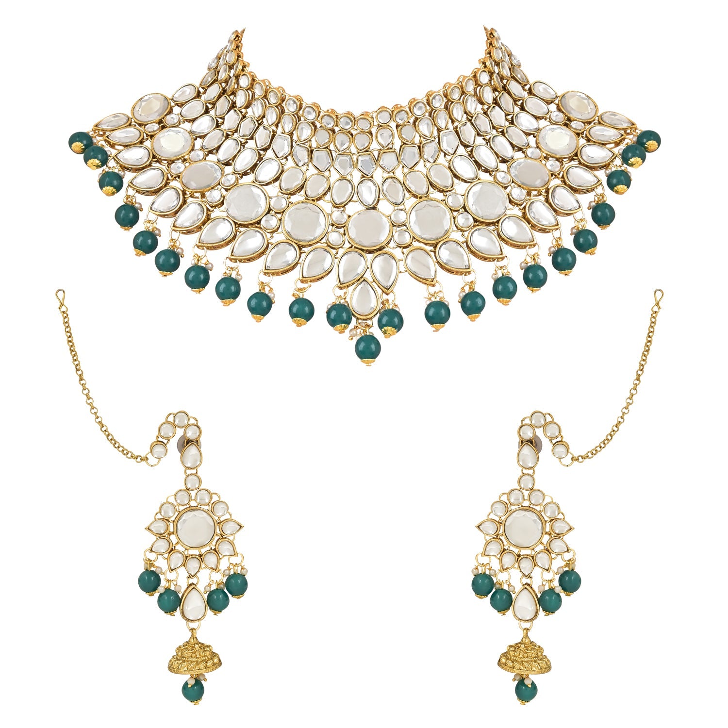 Etnico Wedding Collection Traditional Ethnic Gold Plated Pearl & Kundan Stone Work Bridal Jewellery Set For Women