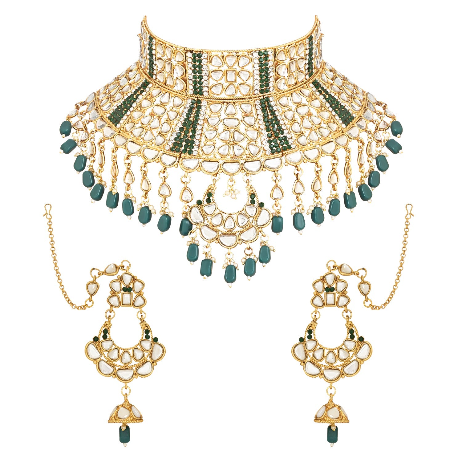 Etnico Wedding Collection Traditional Ethnic Gold Plated Pearl & Kundan Stone Work Bridal Jewellery Set For Women