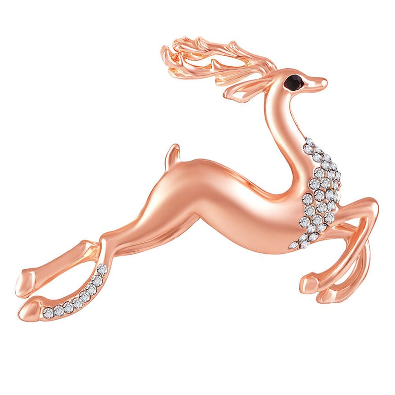 Mahi Rose Gold Plated White Crystal Running Deer Shape Wedding Brooch / Saree Pin for Women (BP1101118ZWhi)