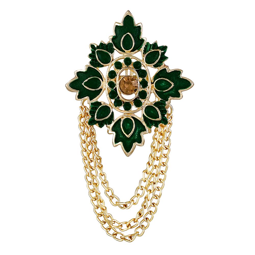 Mahi Green Meenakari Work Mapel Leaf & Layered Chain Shervani / Indowestern Brooch for Men (BP1101126GGre)